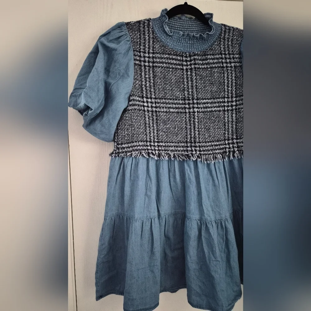 Zara Nwt Chambray Tweed A-Line Smocked Neck Puff Short Sleeve Sz Small